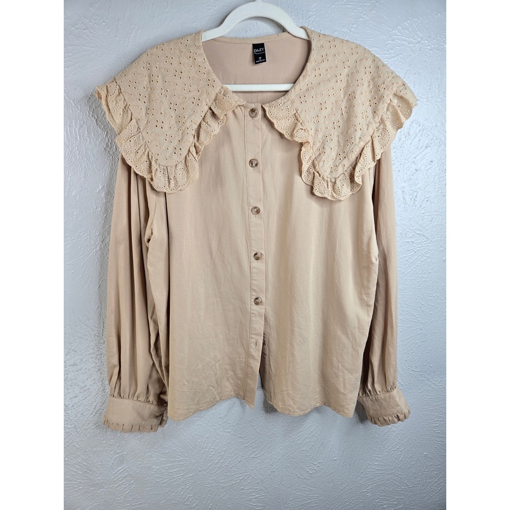 Peter Pan Collar Button Up Peasant Blouse Tan Eyelet Long Sleeve Top Cottagecore